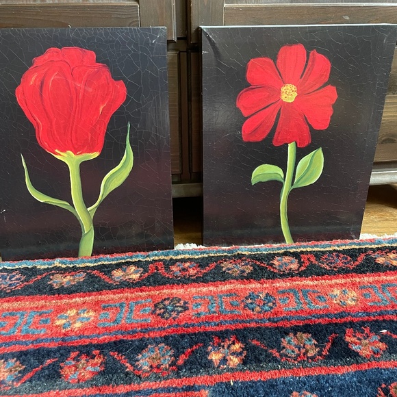 Hand Crafted Other - PRICE DROP! Dramatic hand painted red flowers 11 x 14" stretch canvas - Set of 2